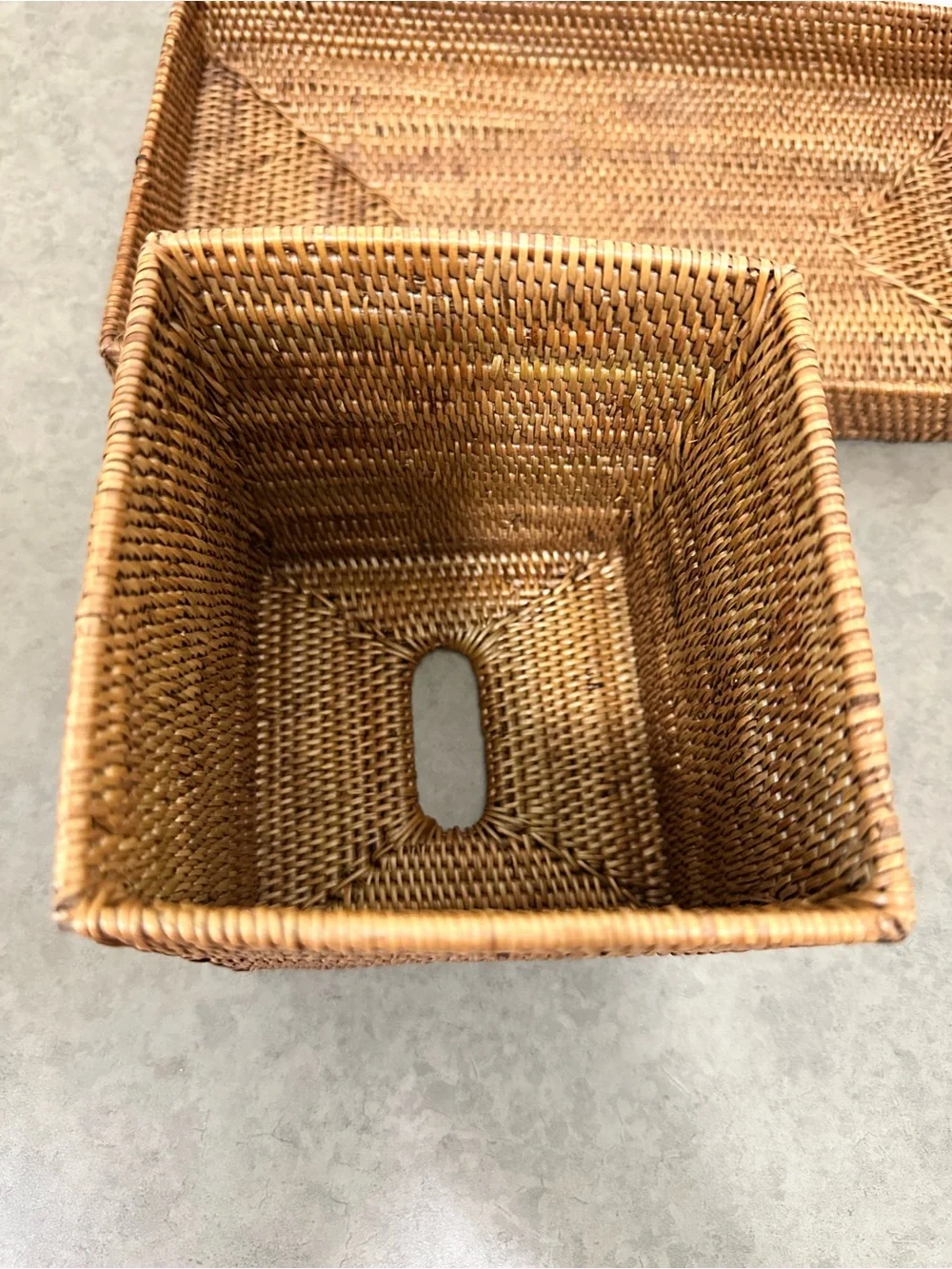 Woven Rattan Tissue Box Holder Cover & Tray Set - Natural Earthy Brown Classy